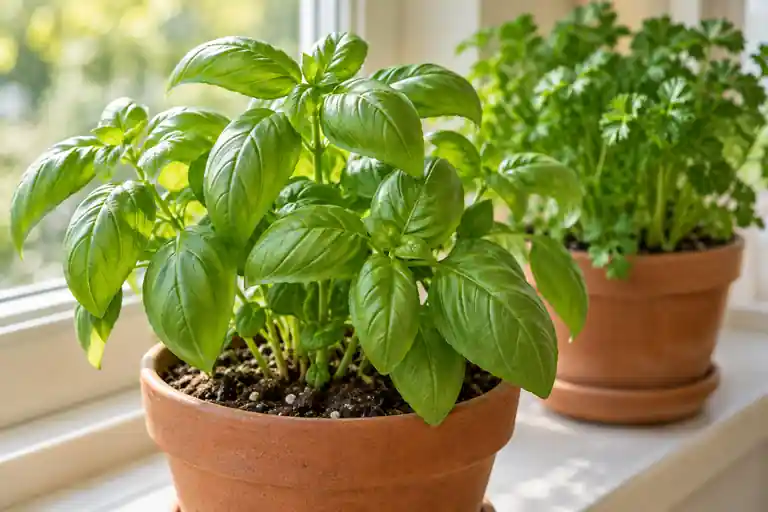 Illustration of basil leaves in a terracotta pot beside parsley on a bright windowsill