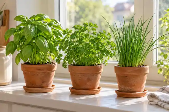 Illustration of basil, parsley and chives in separate terracotta pots on a sunny windowsill