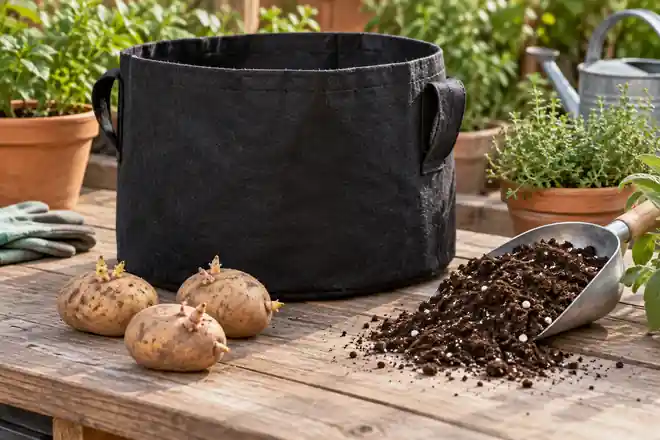 Illustration of three sprouted seed potatoes beside an empty fabric bag and potting mix