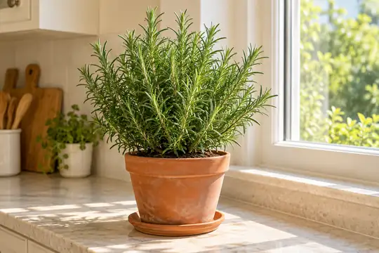 Illustration of rosemary growing in a terracotta pot beside a sunny indoor window