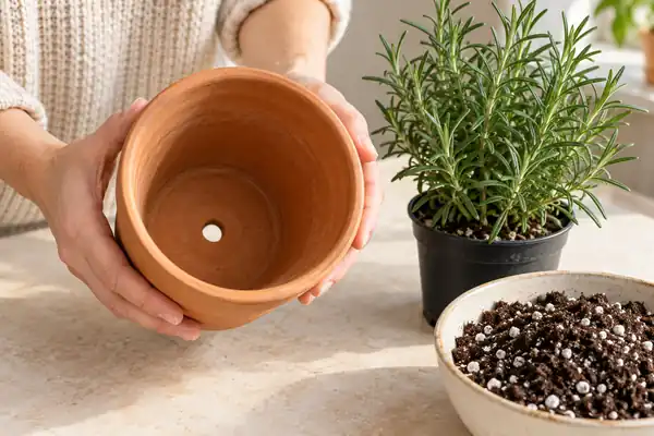 Illustration of checking the drainage hole in a terracotta pot before planting rosemary