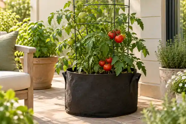 Illustration of a supported tomato plant growing in one broad fabric grow bag on a patio