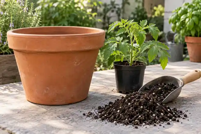 Illustration of a terracotta planting pot beside a vegetable seedling and potting mix