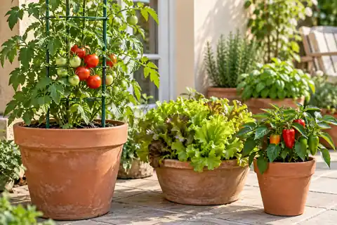 Illustration of tomato, lettuce and pepper plants in separate containers on a sunny patio