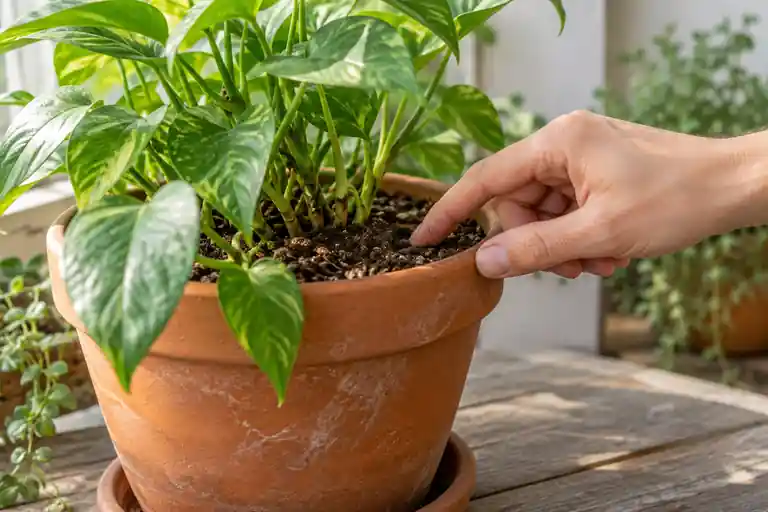 Illustration of a hand checking potting mix near the edge of a planted terracotta pot