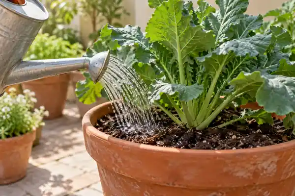 Illustration of a watering can applying water to potting mix around a container vegetable